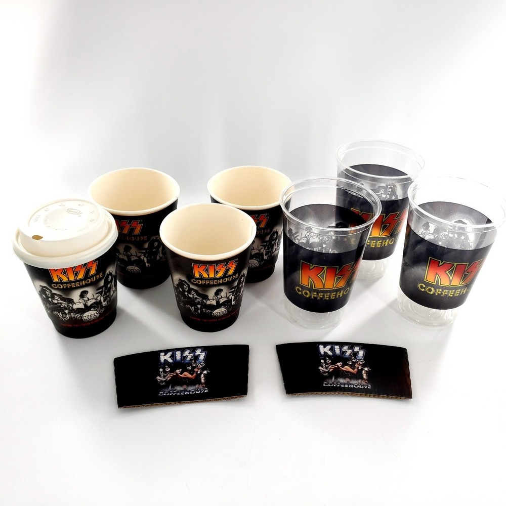 KISS Coffeehouse Myrtal Beach Cups Lot of 7 (4 Paper, 3 Clear, 2 Sleeves) Unused